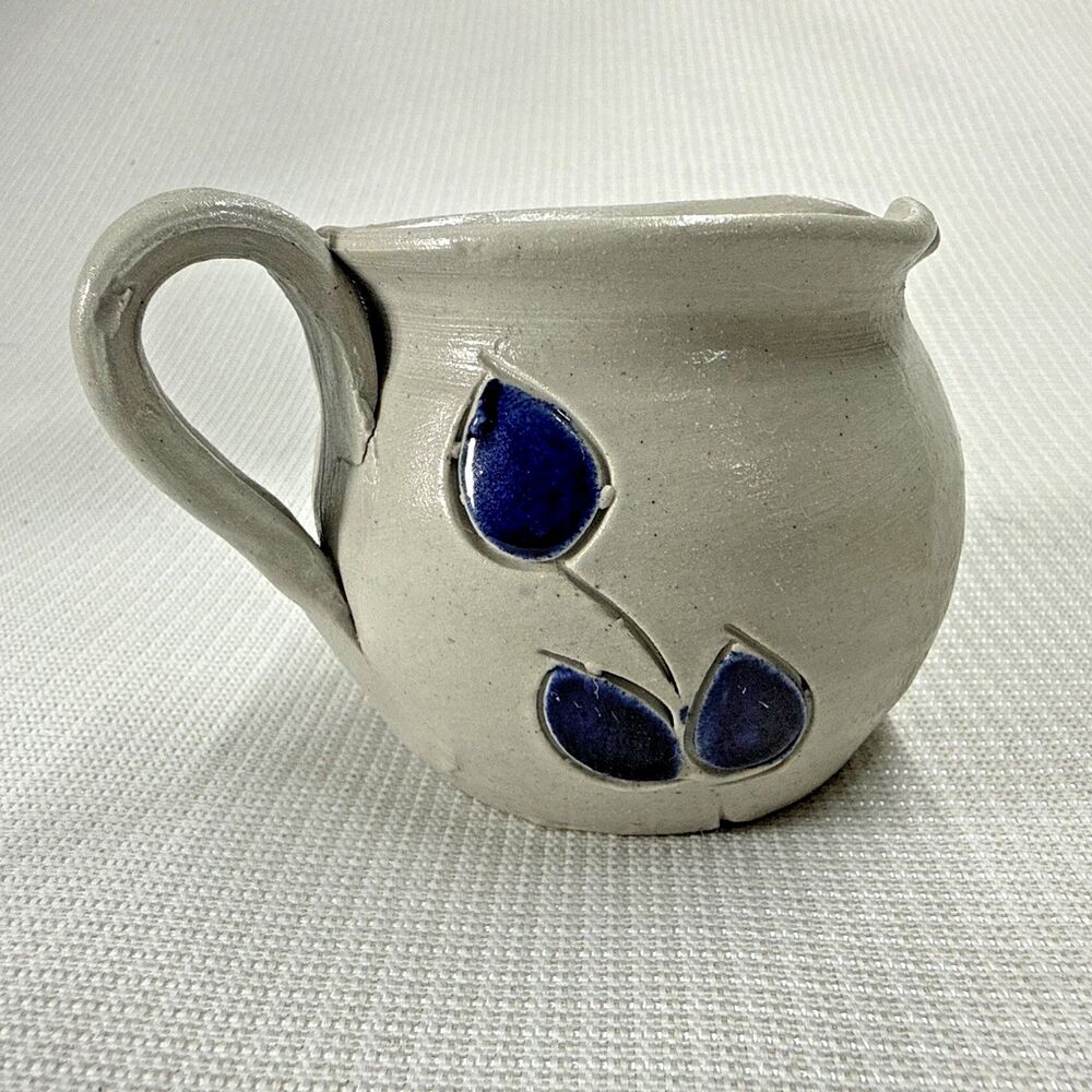 Williamsburg Pottery Stoneware Salt Glazed Cobalt Blue Leaves 3” Creamer Pitcher